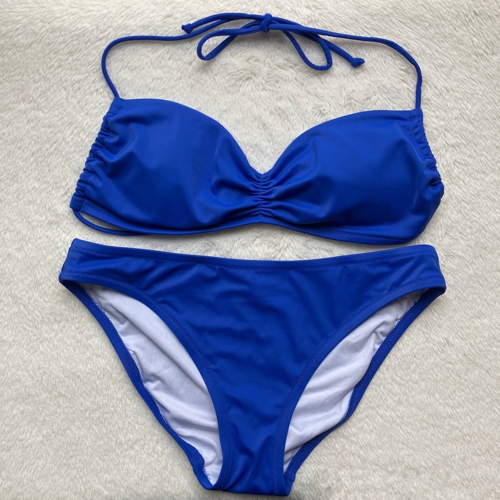 Victoria's Secret Bikini Ruched Adjustable Halter Top Hipster Bottom Royal Blue